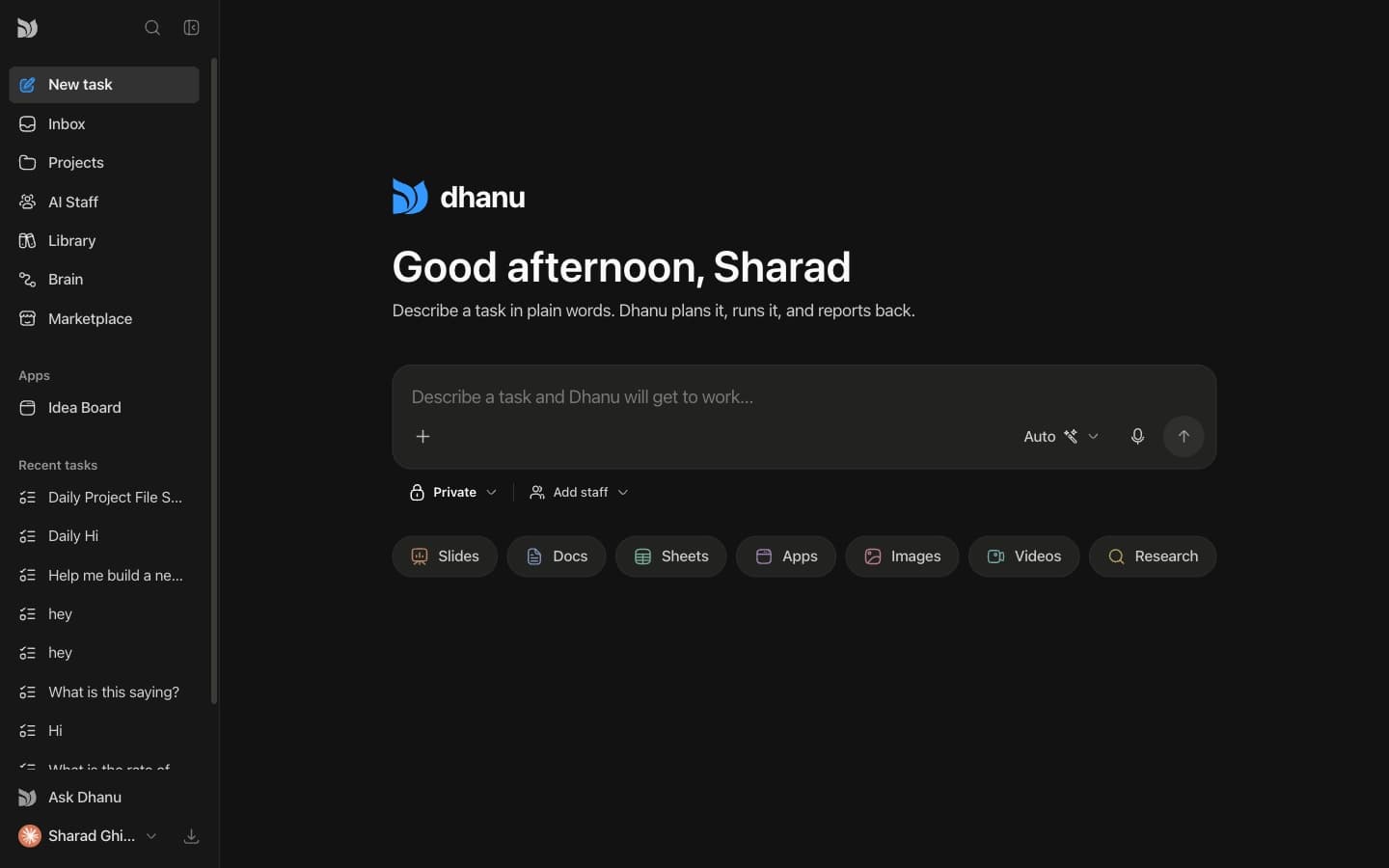 The Dhanu workspace home screen