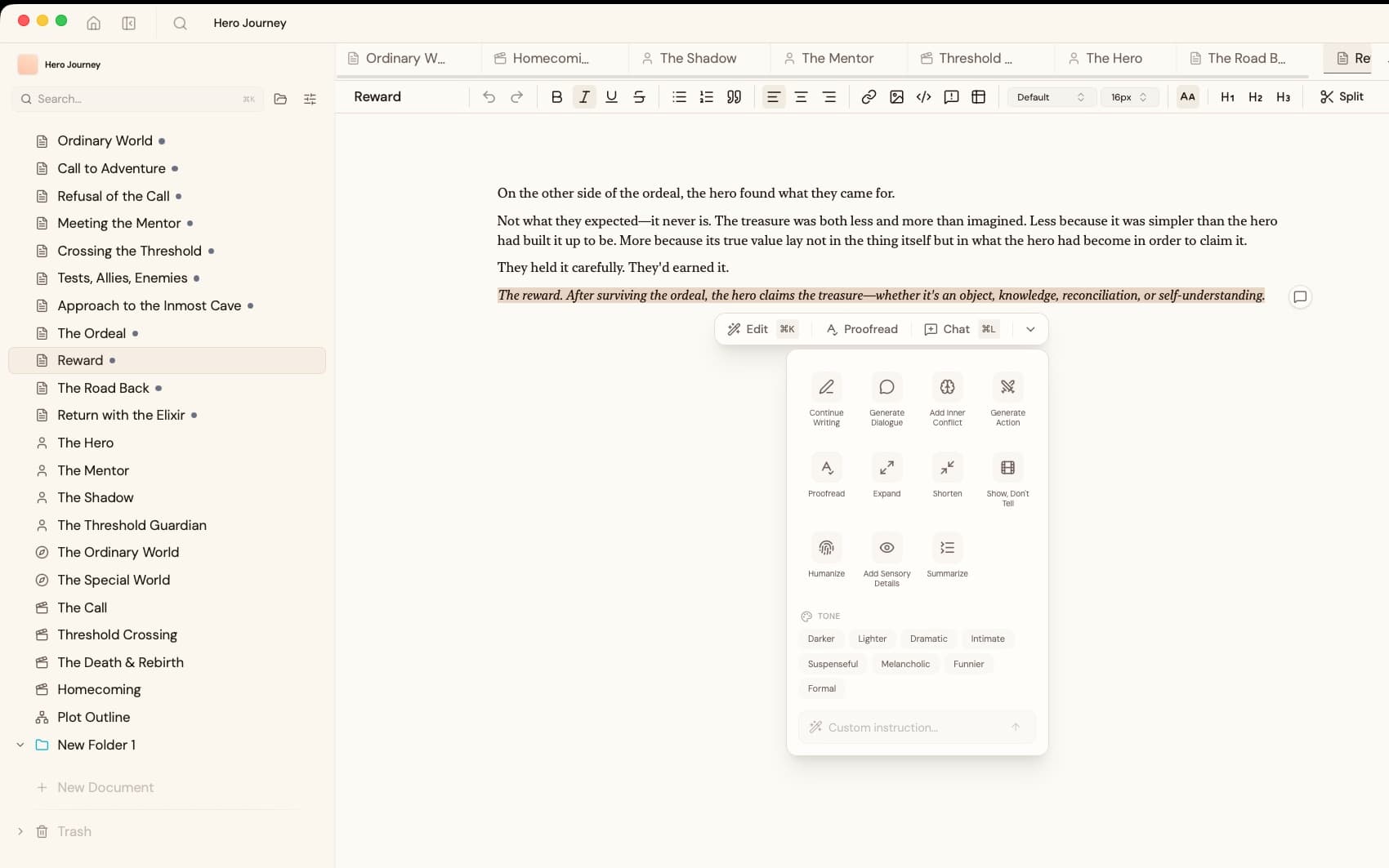 The Inkway desktop app: a manuscript open in the editor with the AI assistant beside it
